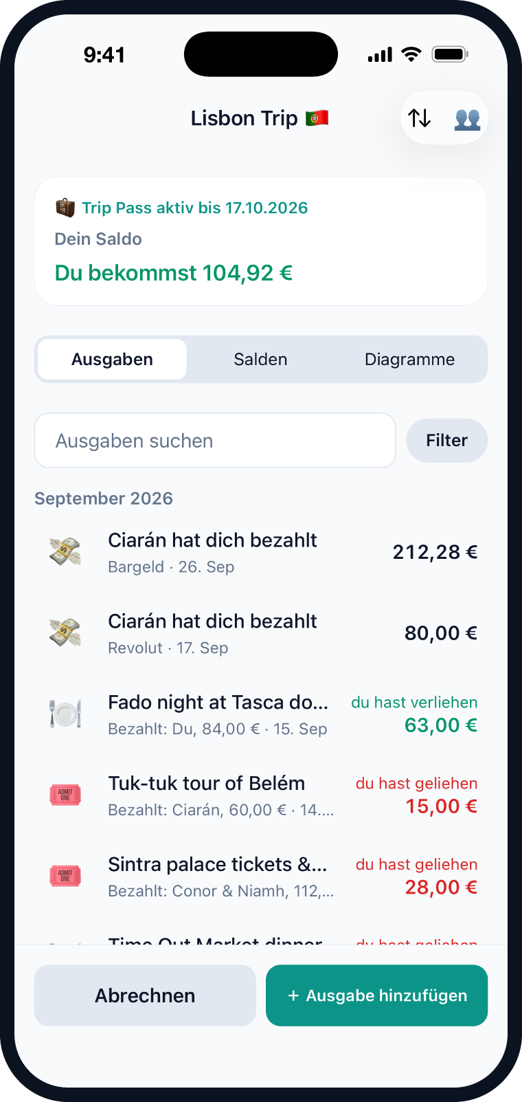 Evenlo mit einer Lissabon-Reisegruppe, Ausgaben und Salden