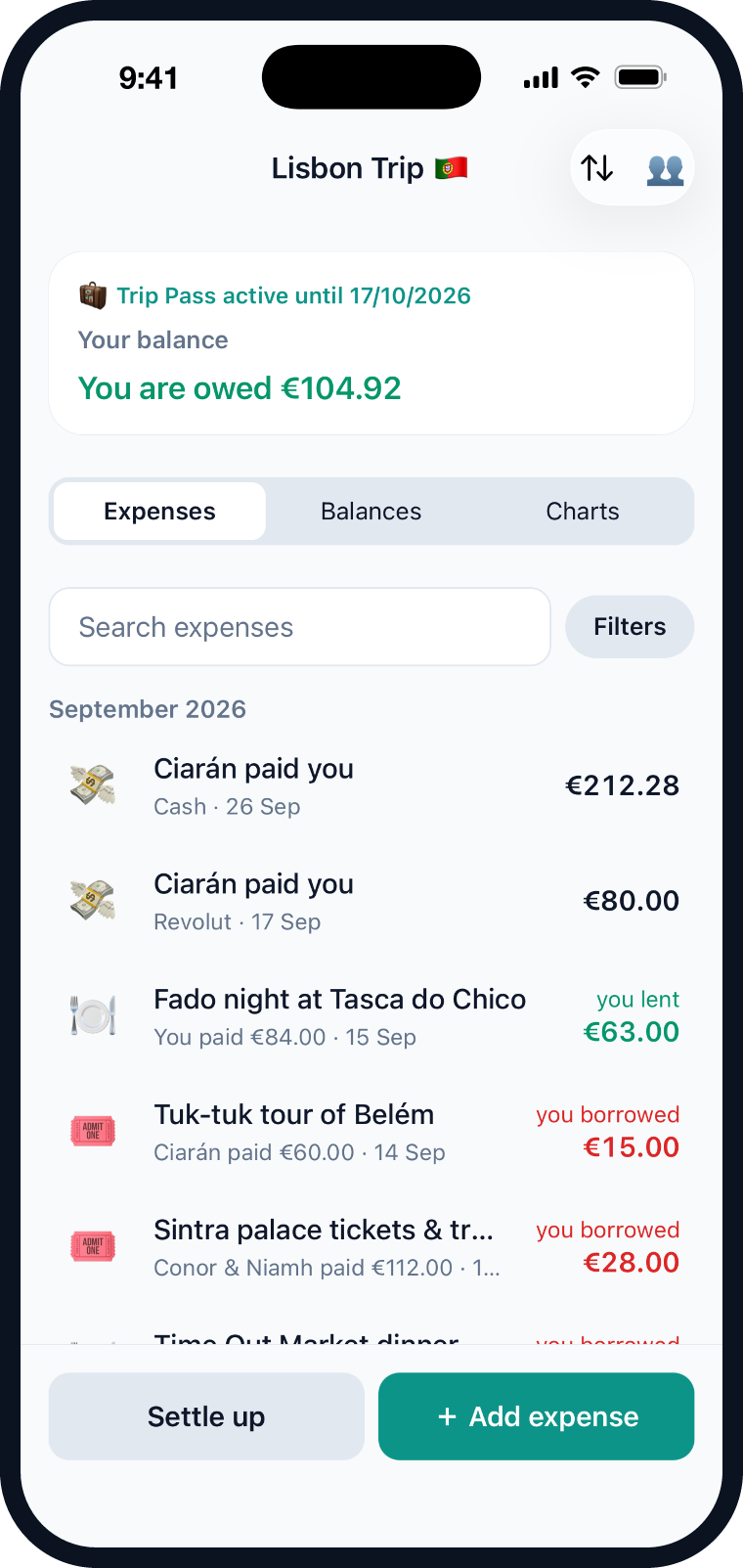 Evenlo showing a Lisbon trip group with expenses and balances