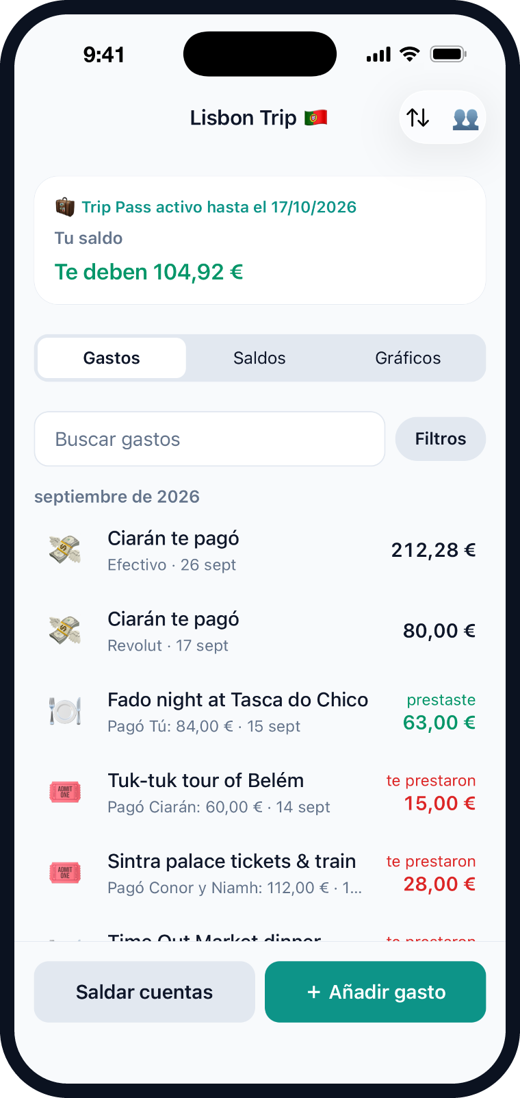 Evenlo mostrando un grupo de viaje a Lisboa con gastos y saldos