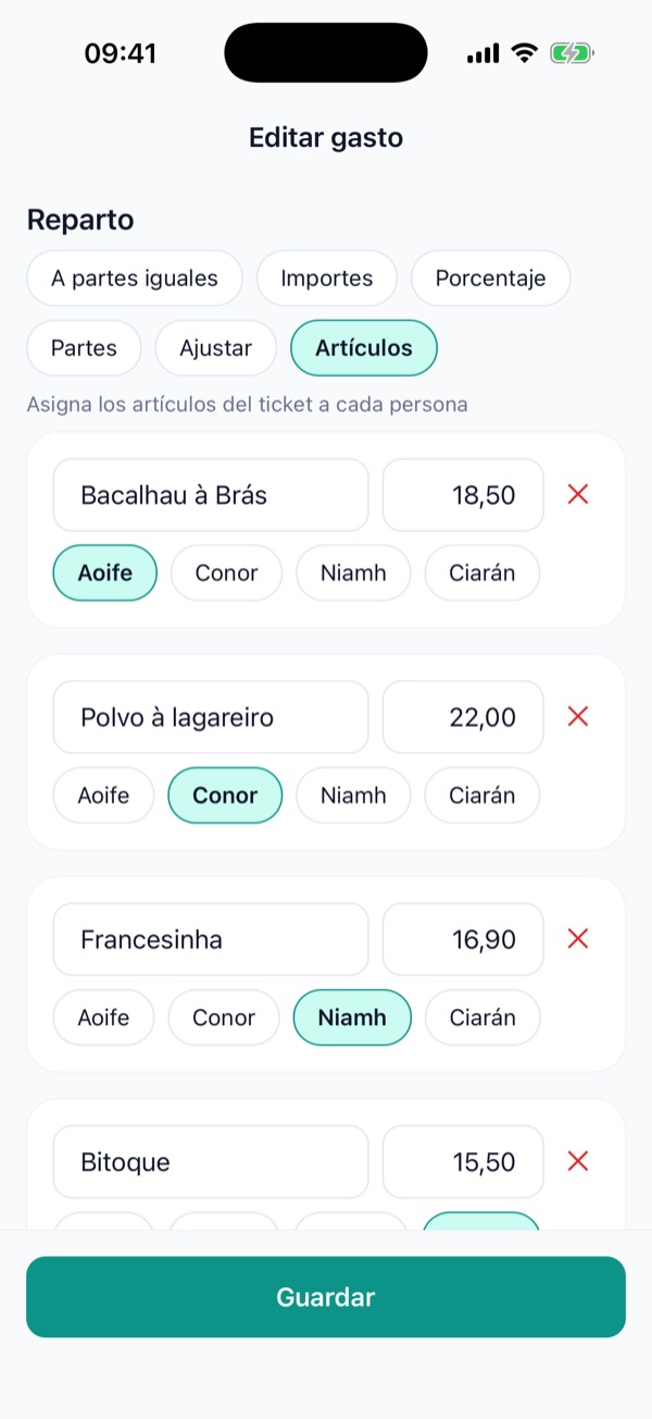 Artículos del ticket asignados a cada persona
