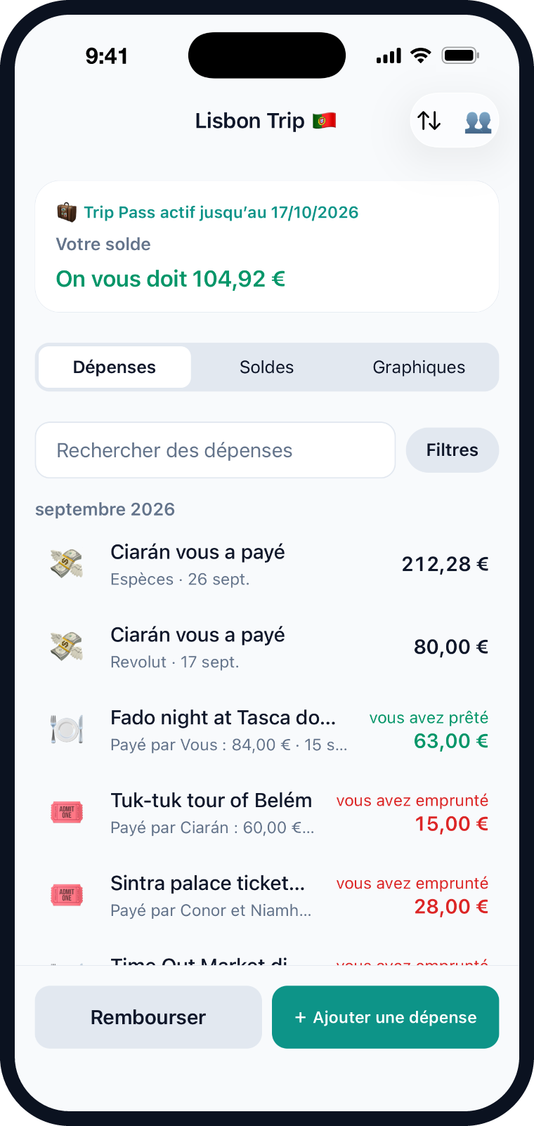 Evenlo affichant un groupe de voyage à Lisbonne avec ses dépenses et ses soldes