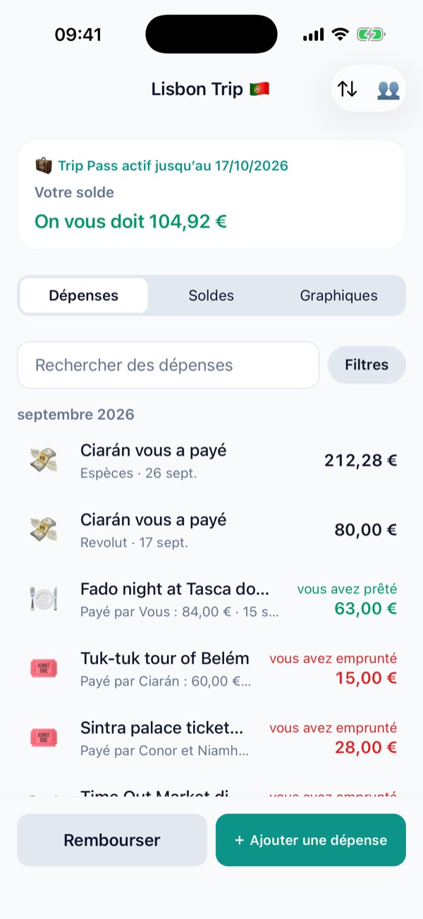Liste des dépenses du groupe