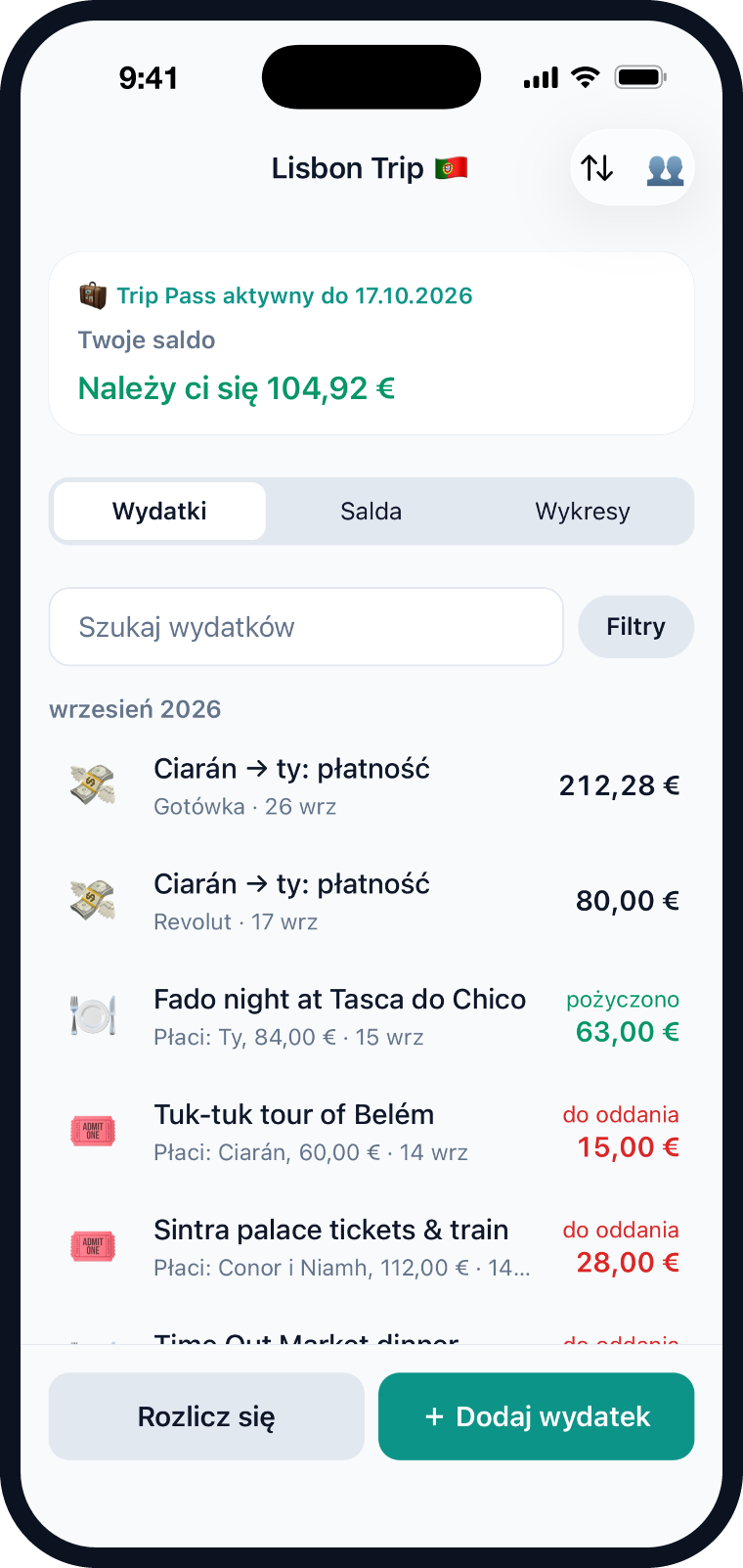Evenlo z grupą wyjazdową do Lizbony, wydatkami i saldami