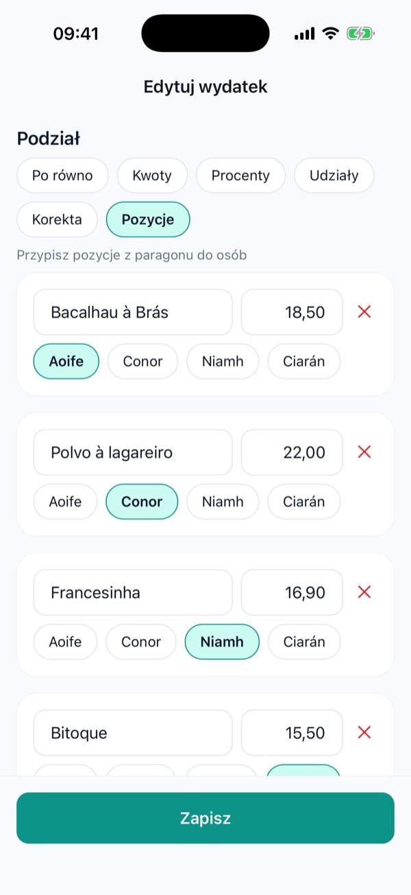 Pozycje z paragonu przypisane do osób