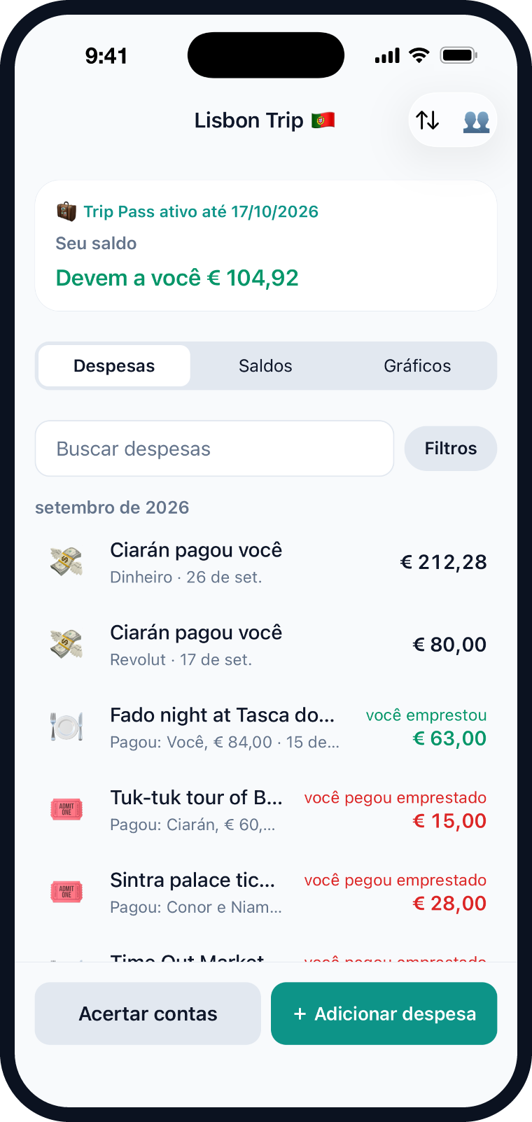 Evenlo mostrando um grupo de viagem a Lisboa com despesas e saldos