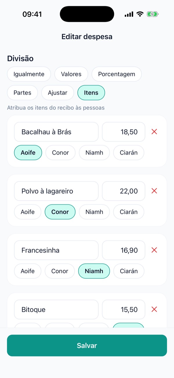 Itens do recibo atribuídos às pessoas