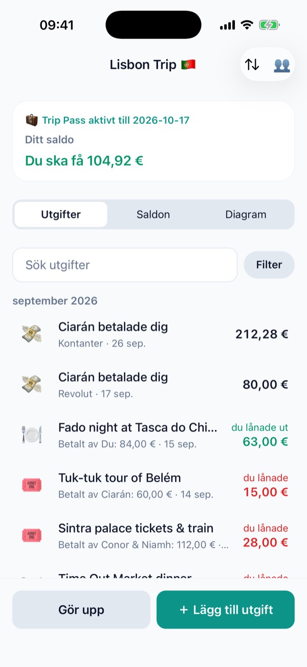 Lista över gruppens utgifter